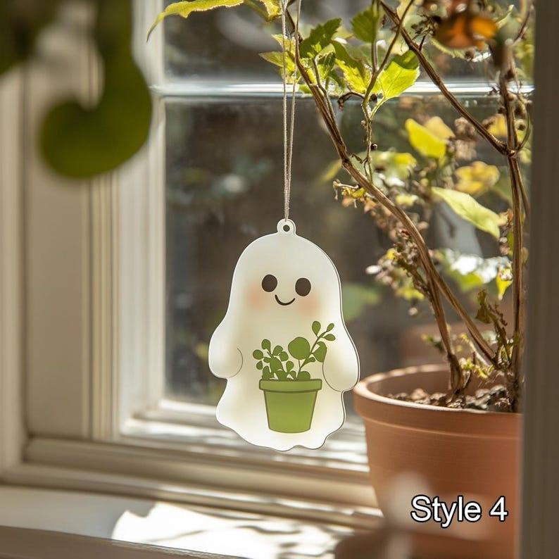 Cute Ghost Plant Suncatcher, Ghost and Monstera Acrylic Ornament, Halloween Ghost Window Hangings, Plant Lovers Gift, Chrismas Gift