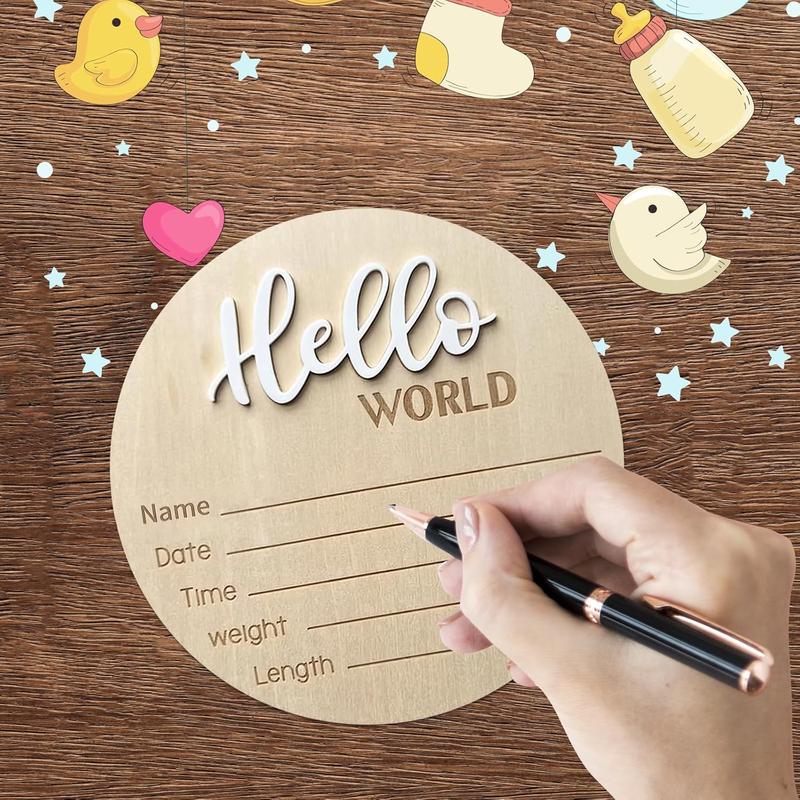 Baby Announcement Sign, ​5.9 Inch Wooden Hello World Newborn Signs, Birth Announcement Sign, Baby Shower Hospital Nursery Decor Room