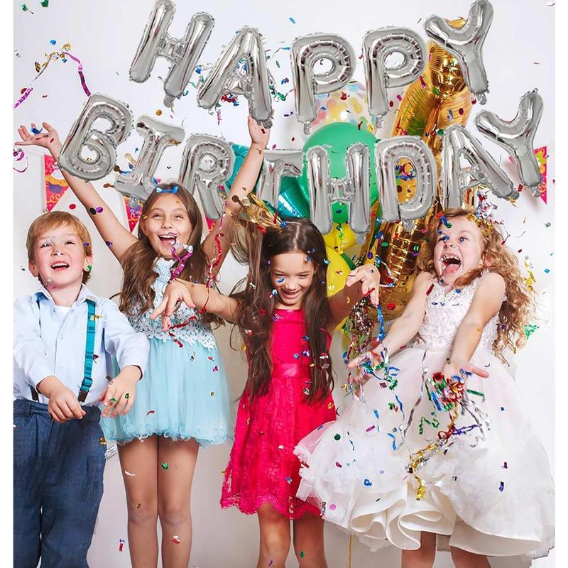 Silver Happy Birthday Balloons Banner,16 Inch Mylar Foil Letters Sign,Reusable Balloons for Women, Men, Boys & Girls Birthday Decorations Party Supplies