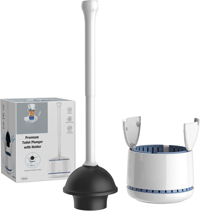 Toilet Plunger with Holder, Heavy Duty Toilet Plunger and Holder Combo for Bathroom Cleaning, White