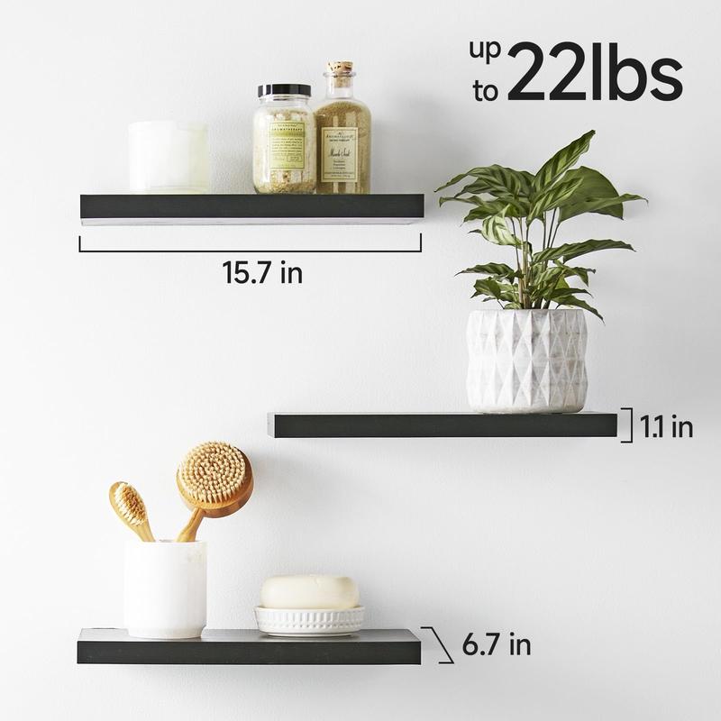 Floating Shelves for Wall, Wall Mounted Rustic Wood Shelves for Bathroom, Bedroom, Living Room, Kitchen, Hanging Shelf for Books Storage Room Decor with 22lbs Capacity (Black, Set of 3, 16in) Wooden