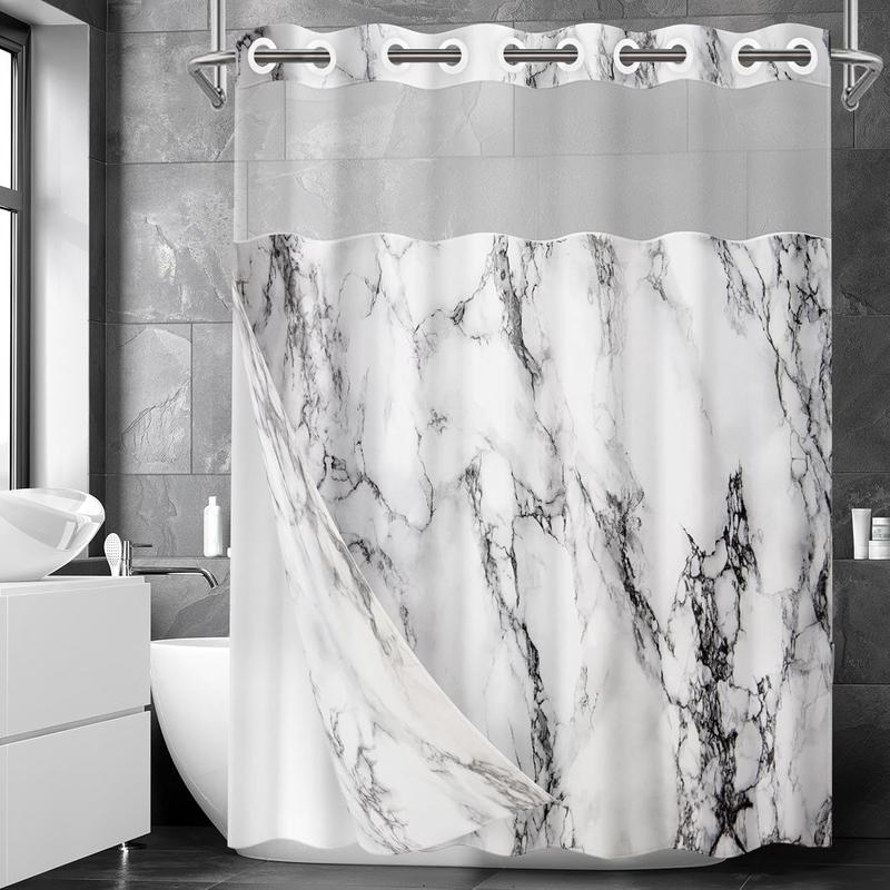 No Hook Marble Ocean Stone Shower Curtain with Snap-in Liner, Gray Double Layers Waterproof Fabric with See Through Top Window Open Grommet Bath Curtain 71x74 Inch