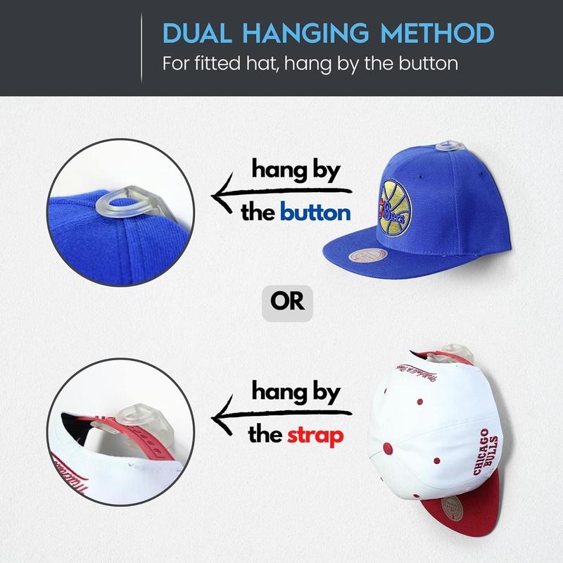 Hat Hooks- Hat Rack for Baseball Caps, Minimalist Hat Display, Strong Hold Hangers for Wall - U.S. Patent Pending, Clear