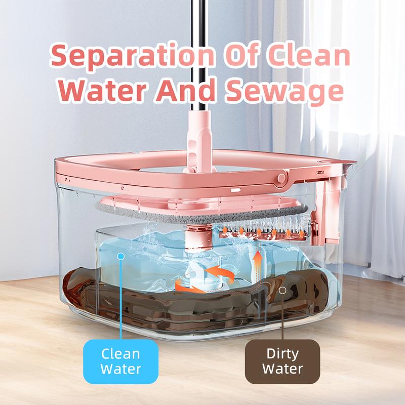 Spin Mop and Bucket System with Dual Compartment Mop Bucket and Thick Washable Microfiber Mop Pads