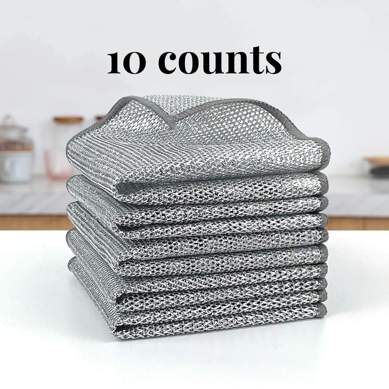 10 Counts Dishwashing Rags, Multipurpose Non-Scratch Wire Dishcloths for Kitchen Cleaning, Wet and Dry Use, Reusable Wire Cleaning Cloths for Kitchen, Sinks, Pots, and Pans Silver Removable & Washable