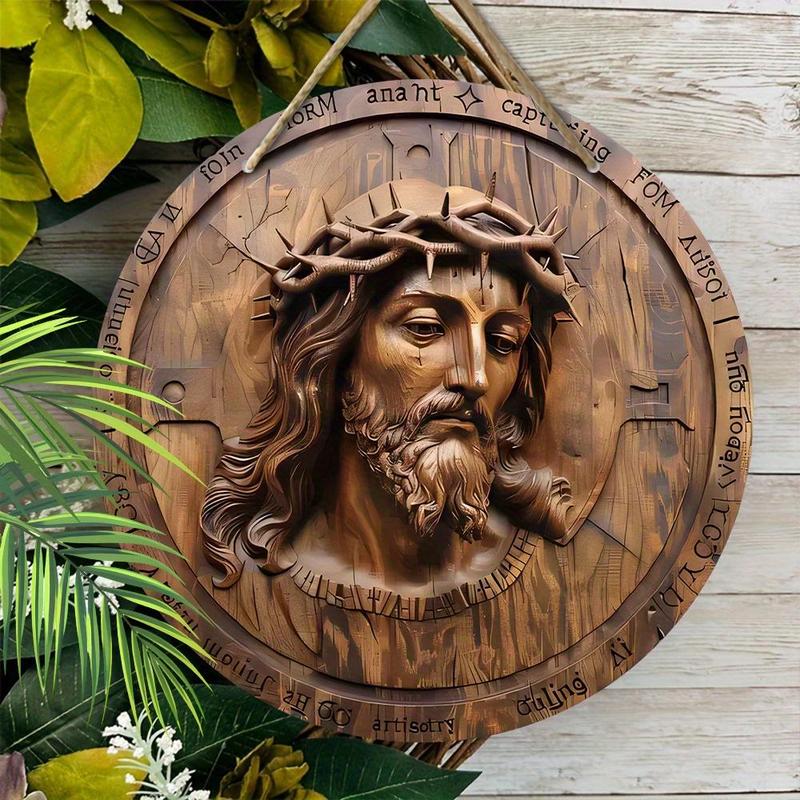 Vintage Wooden Hanging Sign,1 Count Round Jesus Sign, Wall Hanging Decor for Home Front Door Dormitory Dining Room