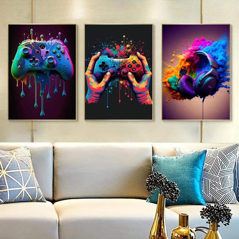 Game Controller Headphone Pattern Canvas Painting without Frame, 3 Counts set Colorful Wall Art, Wall Decor for Home Living Room Bedroom Office