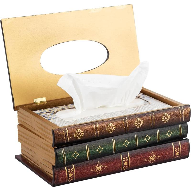 Classical Retro Wooden Antique Book Tissue Box Cover Rectangular Tissue Holder Dispenser Paper Cover Case Napkin Holder Home Decor for Bathroom living room office car kitchen Organiser