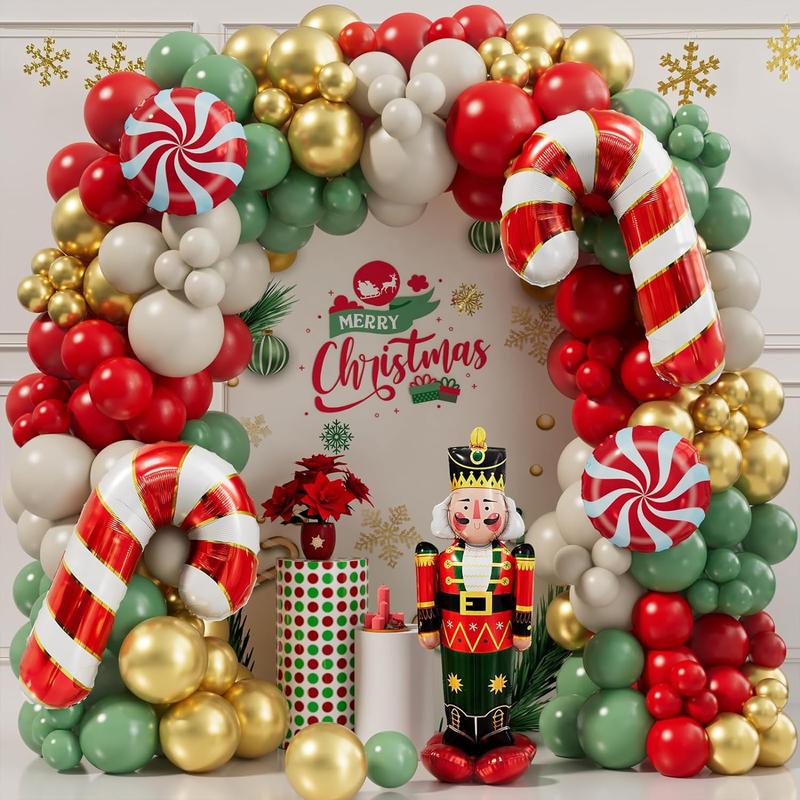 168 Pcs Red Sage Green Gold White Sand Balloons Christmas Balloon Garland Arch Kit Candy Balloons Cand Cane Balloons Nutcracker Balloons for Christmas Party Decorations Supplies