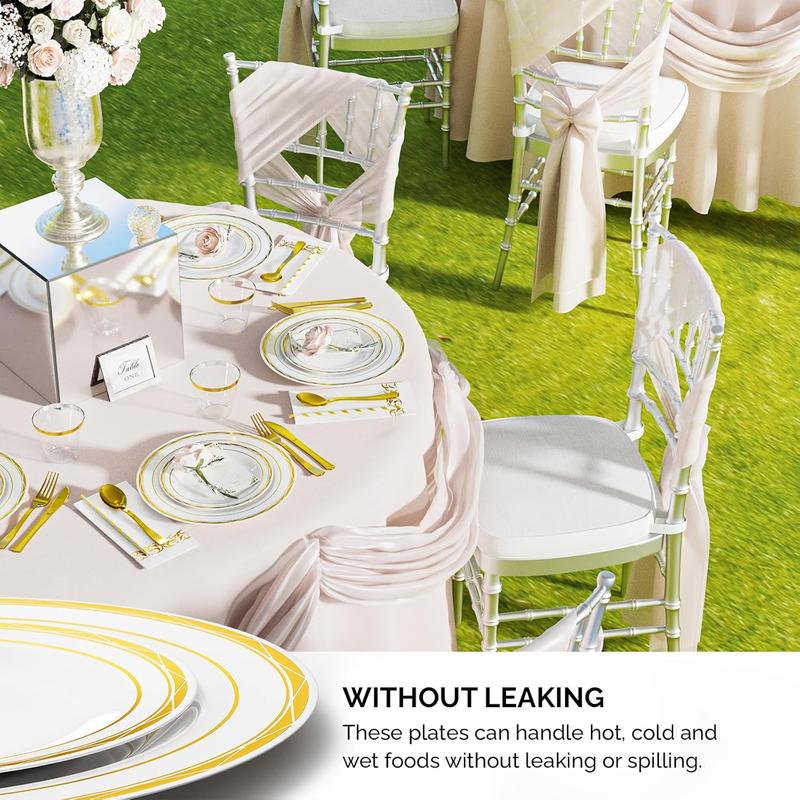 ROVSUN 400 Pieces Gold Disposable Dinnerware Set 50 Guests,Elegant Plastic Plates for Party Wedding, 50 Pre Rolled Napkins with Silverware, 50 Dinner Plates, 50 Dessert Plates, 50 Cups, 50 Straws