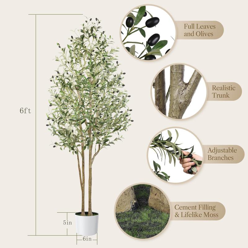 Alupssuc Artificial Olive Trees(6ft), Faux Olive Silk Tree Indoor with Natural Wood Trunk & Lifelike Fruits, Fake Olive Tree with White Planter for Home Balcony Office Garden Decor Gift, 6 Feet, 72 in, Ideal Gift for Room and Office