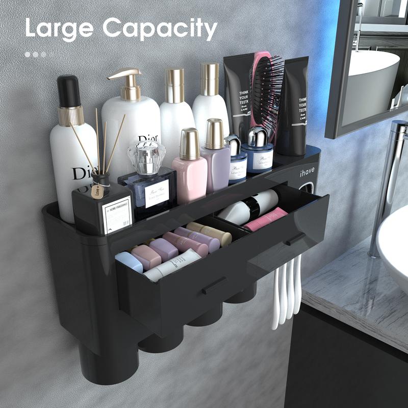 iHave Toothbrush Holders for Bathrooms, 4 Cups Toothbrush Holder Wall Mounted with Toothpaste Dispenser - Large Capacity Tray, 2 Cosmetic Drawer - Bathroom Storage & Bathroom Organizer