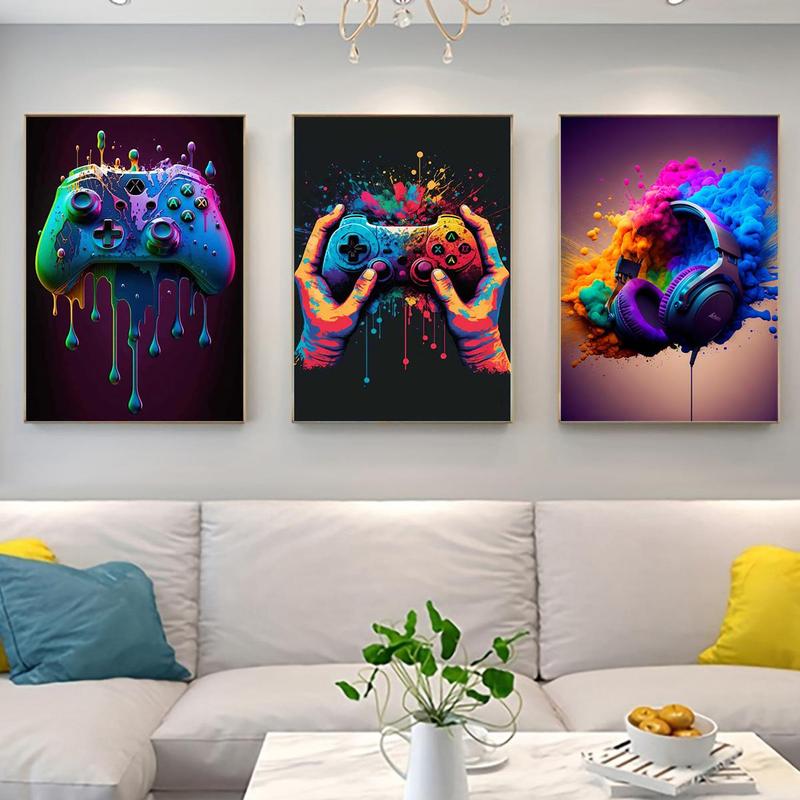 Game Controller Headphone Pattern Canvas Painting without Frame, 3 Counts set Colorful Wall Art, Wall Decor for Home Living Room Bedroom Office