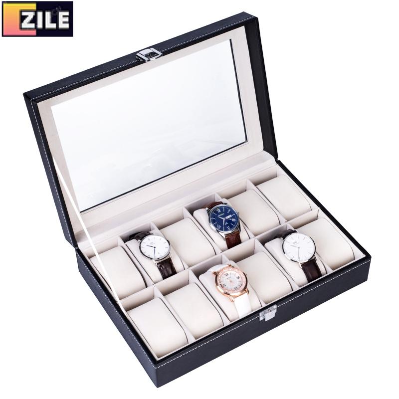 12 Compartments Top-level Opening Style Leather Watch Collection Box Black