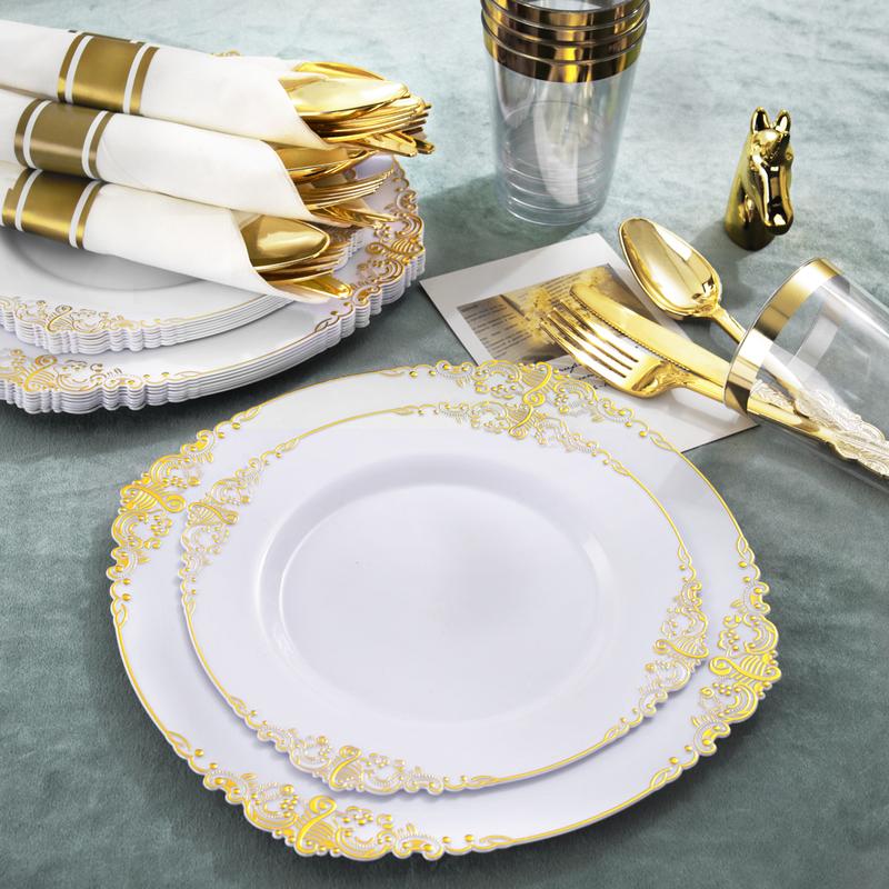 Nervure 350PCS Gold Plastic Plates - Disposable Dinnerware Plates and Pre Rolled Napkins with Plastic Cutlery for 50 Guests, 100Plates, 150Silverware, 50Cups, 50Napkins for Wedding&Party(Heavyweight)