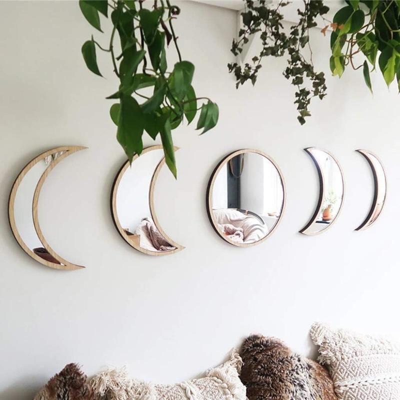 Bohemian Wall Decoration - 5 Pieces Scandinavian Natural Decor Acrylic Moon Phase Mirror for Home Living Room Bedroom Decor