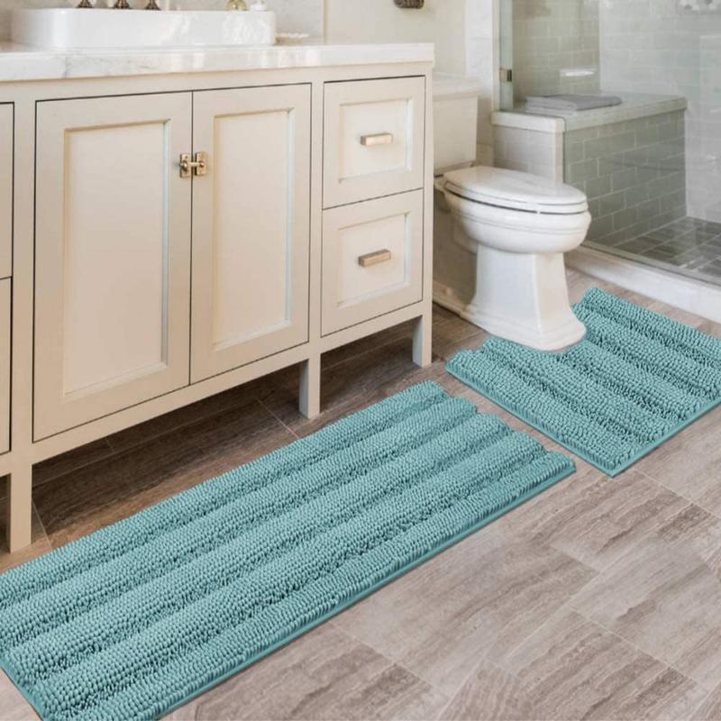 H.VERSAILTEX Bathroom Rugs Bath Rug Set 2 Piece Bathroom Contour Rug Toilet Mat Sets Non Slip Contour Bath Rug Ultra Thick Water Absorbent Striped Bath Mats Washable