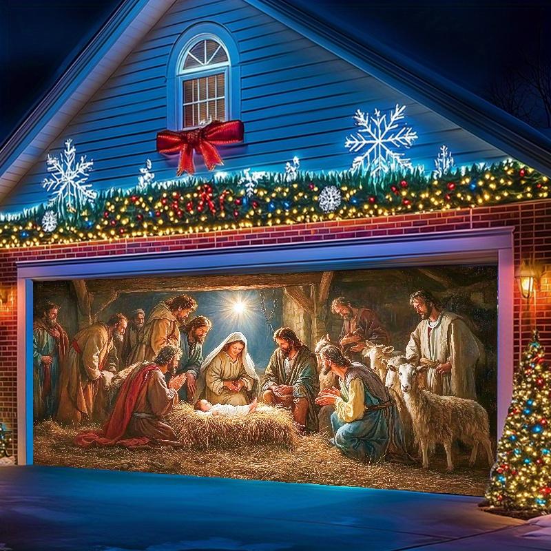 1pc Festive Season Birth Scene Outdoor Garage Door Banner Decoration, Large 6X13 Feet Polyester Tapestry Background for Holiday Parties, Star of Bethlehem Scene Garage Door Decor, Durable, Easy to Hang, No Power Needed