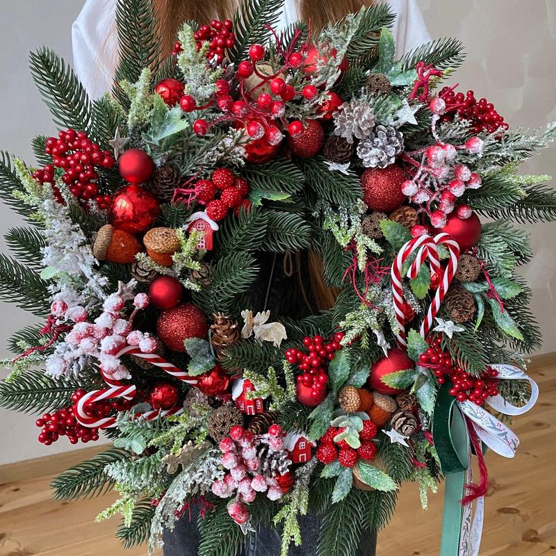 Artificial Christmas Wreath, Faux Christmas Wreath with Pine Cone & Red Berry, Front Door Wreath, Festive & Party Supplies