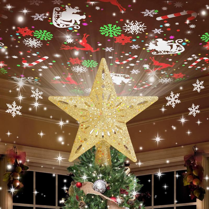 Christmas Tree Topper with 6 Projection Modes, Christmas Star Tree Topper Built-in LED Rotating Light, Silver 3D Flashing Dynamic Projection, Suitable for Christmas Party Holiday Decoration