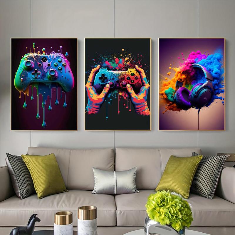 Game Controller Headphone Pattern Canvas Painting without Frame, 3 Counts set Colorful Wall Art, Wall Decor for Home Living Room Bedroom Office