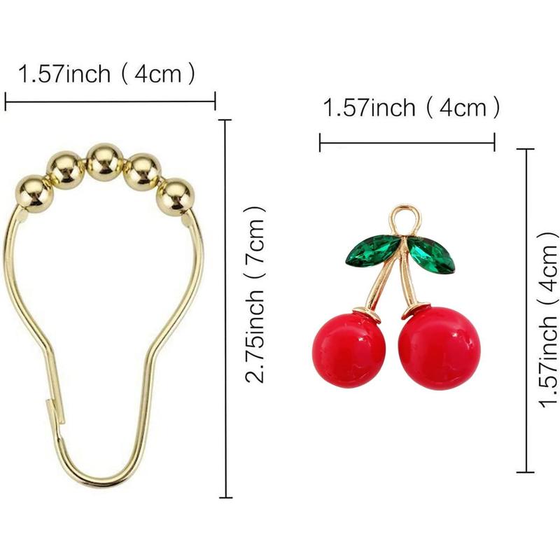 Set of 12 Cherries Shower Curtain Hooks Rings, Red Cherry Decoration, Fruit Style ForBathroom, Stainless Steel Hooks Rustproof (Red-Cherry)