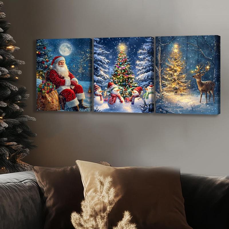 Christmas Themed Wooden Framed Canvas, 3 Counts set Smiling Santa Claus & Snowman & Deer Pattern Wall Art, Wall Decor for Home Living Room Bedroom Office