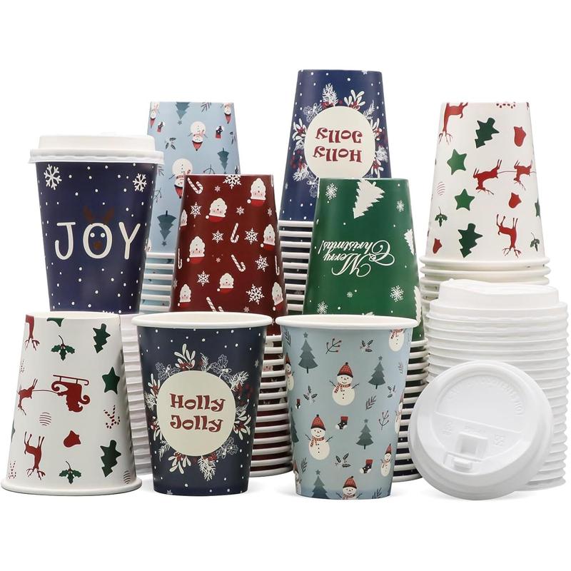 Christmas Disposable Coffee Cups with Lids, 60 Pack 12 Oz To Go Coffee Cups,6 Designs Christmas Coffee Drinking Paper Cups for Hot , Hot Cocoa, Xmas Dinner Party