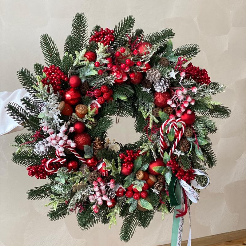 Artificial Christmas Wreath, Faux Christmas Wreath with Pine Cone & Red Berry, Front Door Wreath, Festive & Party Supplies