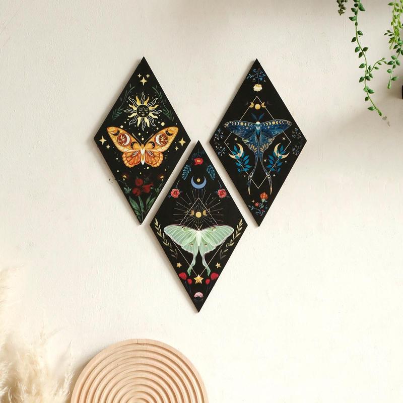 Boho Style Moon & Butterfly Pattern Hanging Decor, 3 Counts set Wooden Wall Hanging Ornaments, Wall Art for Home Living Room Bedroom