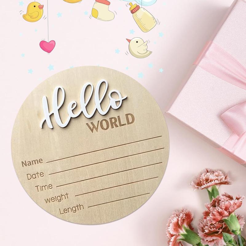 Baby Announcement Sign, ​5.9 Inch Wooden Hello World Newborn Signs, Birth Announcement Sign, Baby Shower Hospital Nursery Decor Room