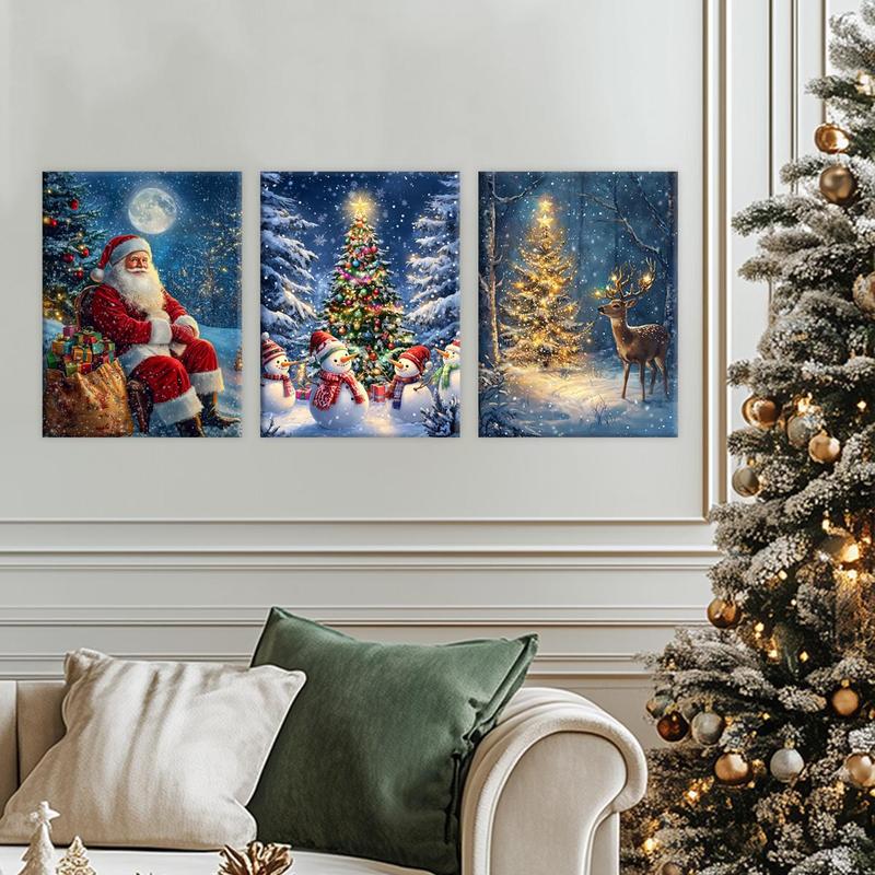 Christmas Themed Wooden Framed Canvas, 3 Counts set Smiling Santa Claus & Snowman & Deer Pattern Wall Art, Wall Decor for Home Living Room Bedroom Office