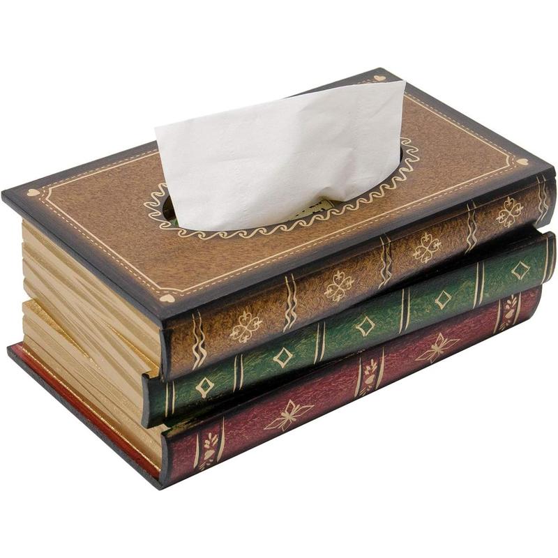 Classical Retro Wooden Antique Book Tissue Box Cover Rectangular Tissue Holder Dispenser Paper Cover Case Napkin Holder Home Decor for Bathroom living room office car kitchen Organiser