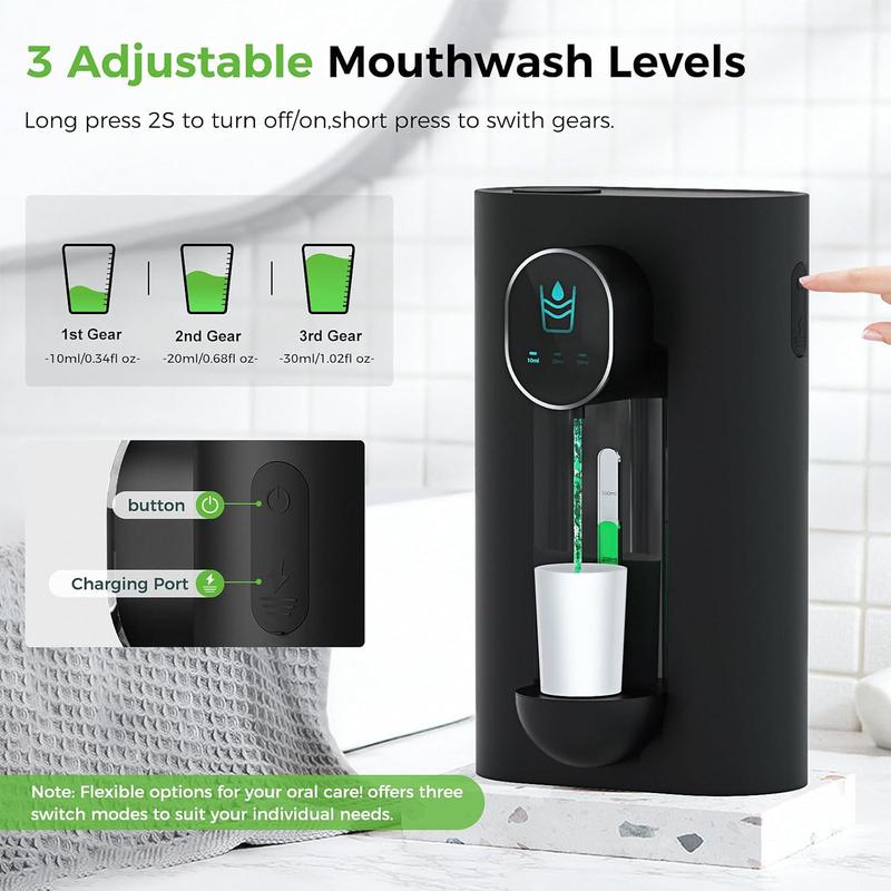 OyLik Automatic Mouthwash Dispenser 18.26 oz Touchless Mouthwash Dispenser for Bathroom 2 Magnetic Cup USB Rechargeable and 3 Dispensing Levels with Led Screen Wall-Mounted or Countertop Use-Black Adjustable Traditional