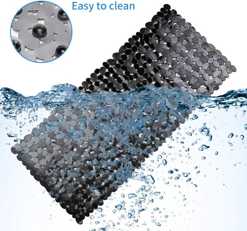 Non-Slip Pebble Bathtub Mat Black 16 W x 35 L Inches (for Smooth Non-Textured Tubs Only) Safe Shower Mat with Drain Holes, Suction Cups for Bathroom