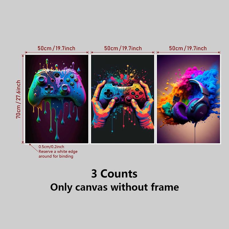 Game Controller Headphone Pattern Canvas Painting without Frame, 3 Counts set Colorful Wall Art, Wall Decor for Home Living Room Bedroom Office