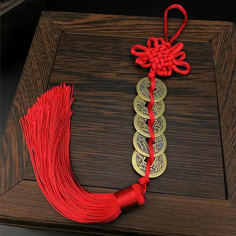 Chinese Style Hanging Red Copper Coin (5 Counts 10pcs), Traditional Chinese Knot Tassel, Lucky Charms Copper 5 Coins Traditional Pendant, Home Decor Craft