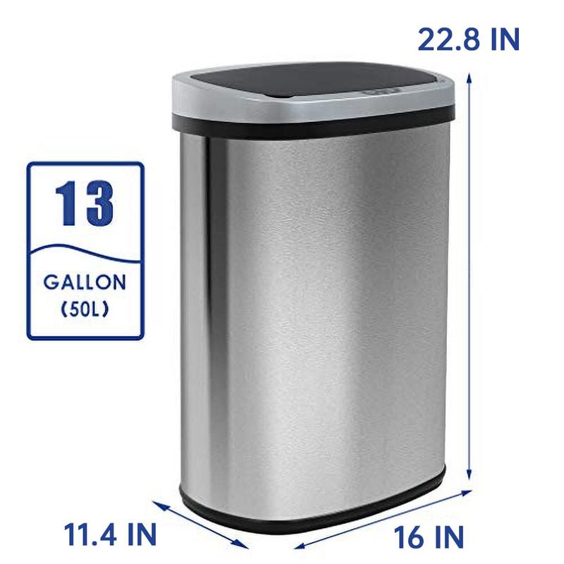 Trash Can with Lid, 13 Gallon Automatic Garbage Can for Bathroom Bedroom Home Office 50 Liter Touch Free High Capacity Brushed Stainless Steel Bin