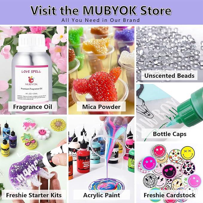 MUBYOK Car Freshies Starter Kit DIY Freshie Supplies Making Kit with 250G Unscented Aroma Beads,2 oz Fragrance Oil,Freshies Silicone Molds，Acrylic Paint,Mica Powder,Glitter（Make 3 freshie）