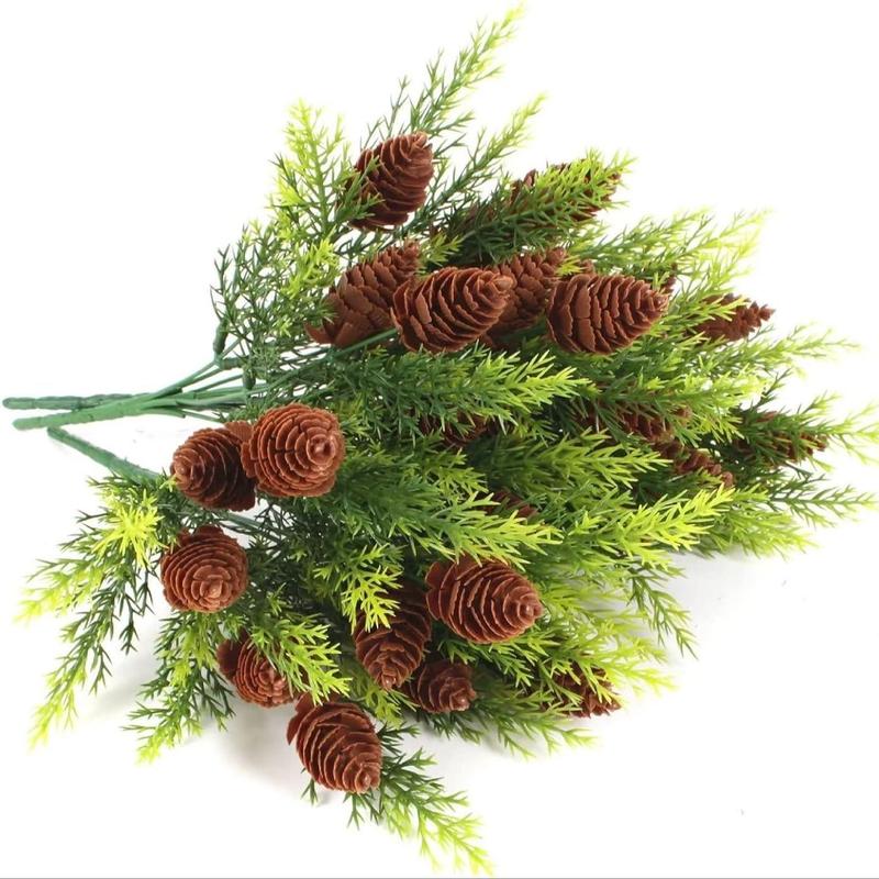 Artificial Winter Pine Needles Branches, 5 Counts Fake Greenery Pine Picks with Pinecone, DIY Xmas Wreath Garland Decoration, Room Decor