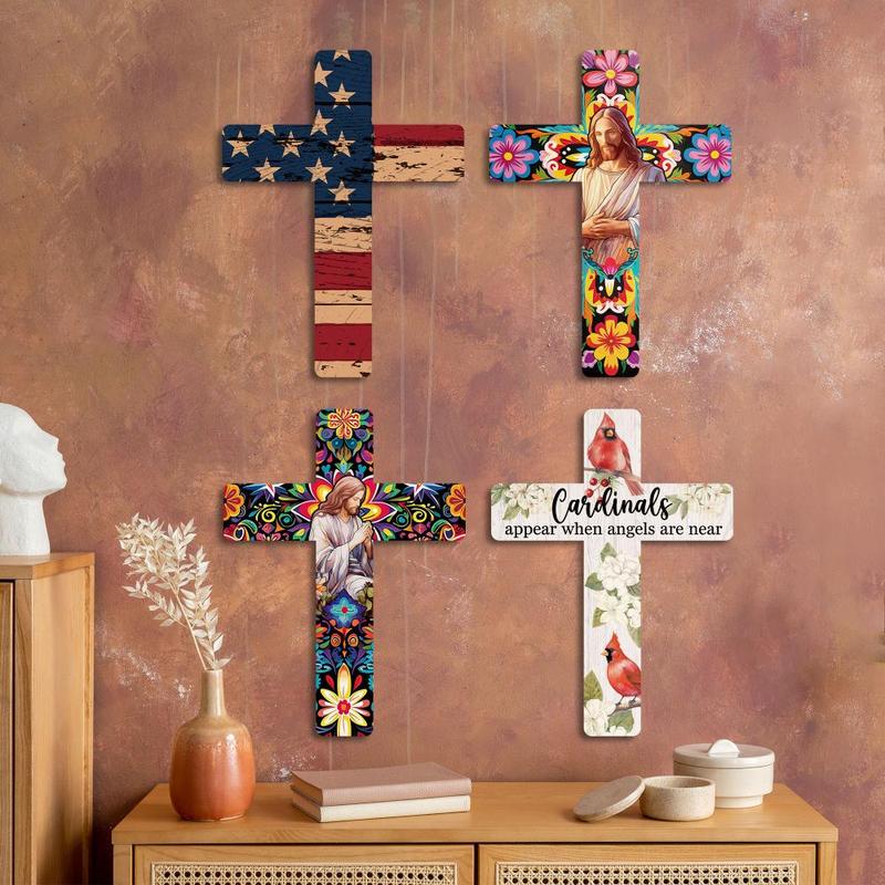 Wooden American Flag Jesus Cross, 1 Count Creative Wall Mounted Cross, Wall Art Decor for Home Church Farmhouse, Home Decor, Room Decor