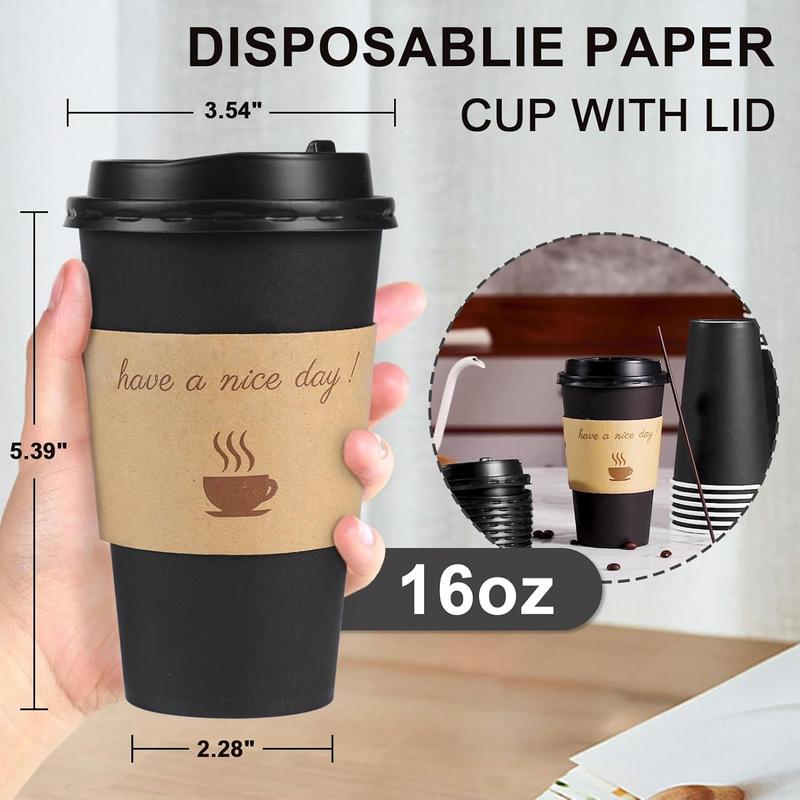 100 Pack 16 oz Coffee Cups with Lids, Disposable To Go Paper Coffee Cups with Sleeves and Stirring Sticks for Hot Cold Drinks Office Home Shop Event (Black)