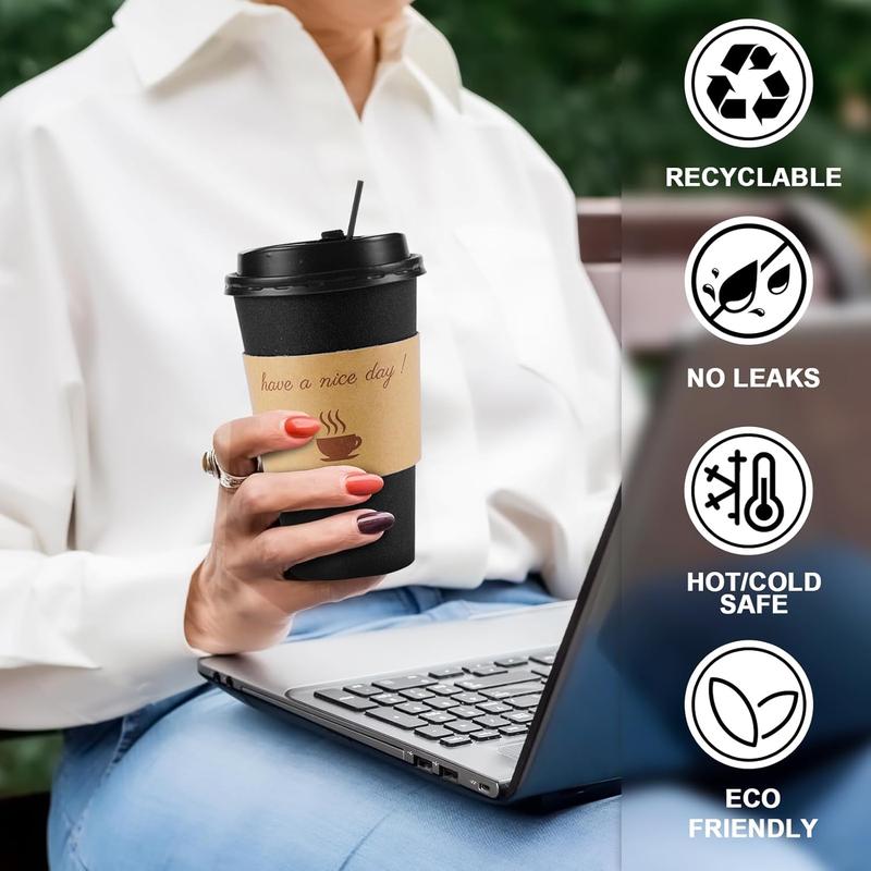 100 Pack 16 oz Coffee Cups with Lids, Disposable To Go Paper Coffee Cups with Sleeves and Stirring Sticks for Hot Cold Drinks Office Home Shop Event (Black)