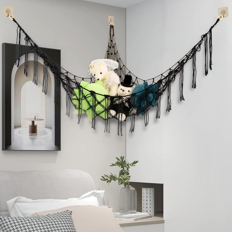 Boho Stuffed Animal Net or Hammock (Large), 55 Inch Toy Hammock Lace Stuffed Animal Storage Corner Hanging Net Stand, Net Hammock Storage Rack with Hooks for Bedroom