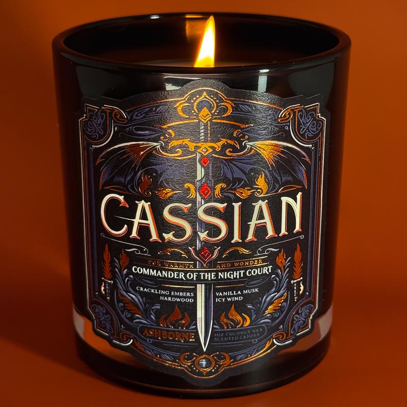 Cassian - ACOTAR inspired 8oz Scented Candle - Crackling Embers, Icy Wind, Vanilla Musk, Hard Wood - Natural Coconut Wax - 35 h Burn Time - Premium Foil Label