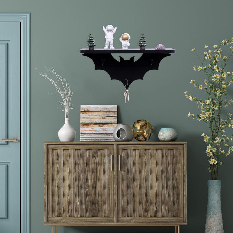 Bat Shelf Floating Black Wall Shelves for Bedroom-Halloween Wall Decor, Goth Room Decor-Black Hanging Shelves with 3 Key Hooks