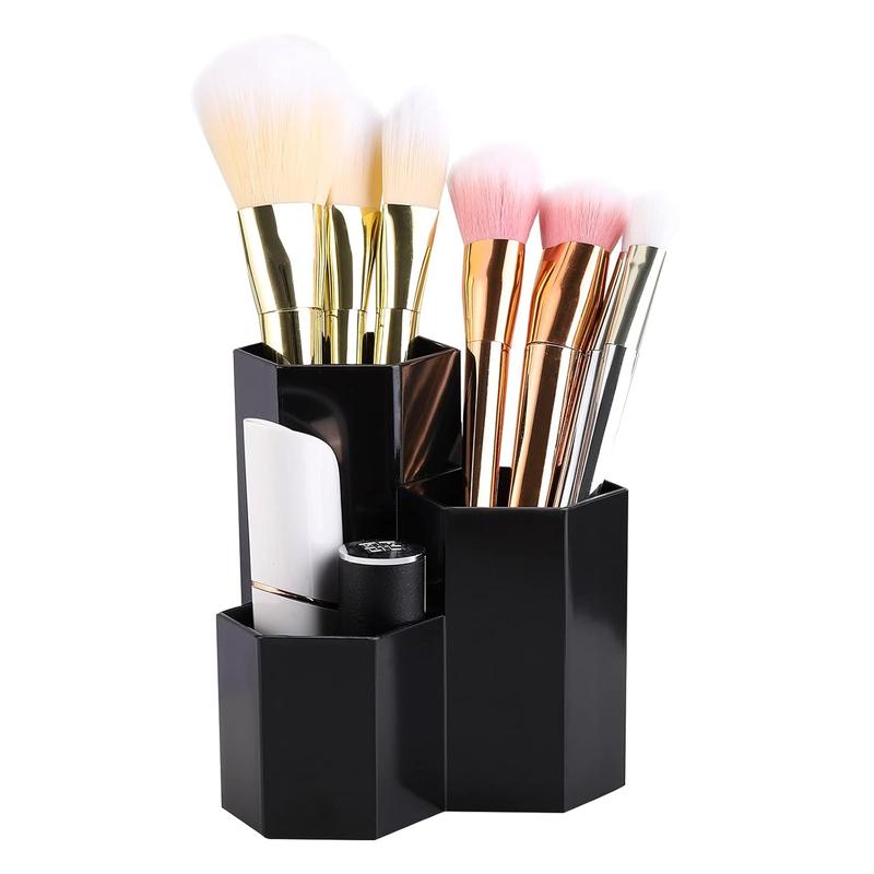 Makeup Brush Holder Organizer, 3 Slot Plastic Cosmetics Brushes Pen Storage Solution, Black