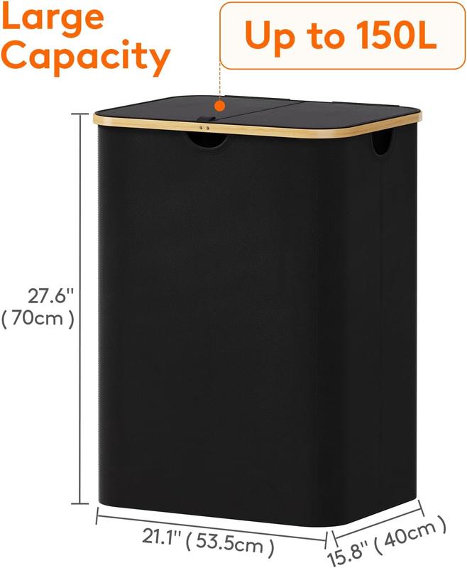 150L Laundry Basket with Lid, Clothes Hampers for Laundry with Bamboo Handles and 2 Removable Laundry Bags, Large Foldable Laundry Hamper for Bedroom, Bathroom, Dorm, Laundry Room, Black