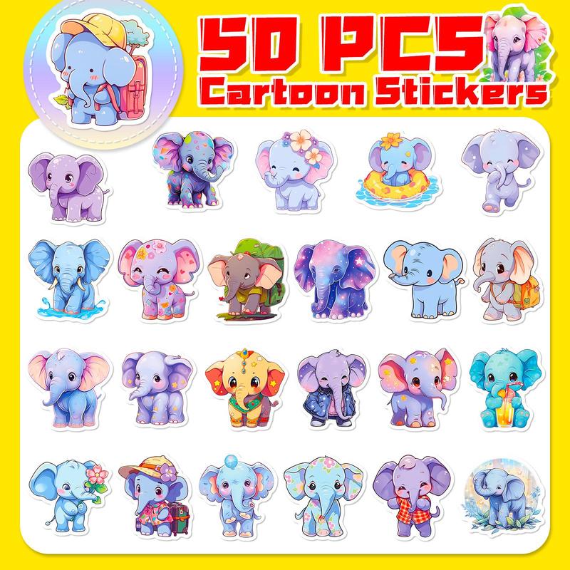 50pcs Cartoon Cute Elephant Series Sticker, Waterproof Sticker Pack for Wall Water Bottle Skateboard Helmet Car Bike Luggage Laptop