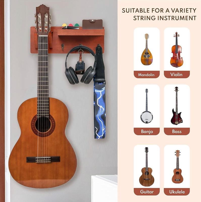 Guitar Mail Key Holder for Wall Decorative, Wooden Wall Key Rack Orgainzer, Guitar Wall Mount Key Hanger with Shelf Rack Pick Hooks